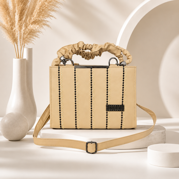 Elegant Structured Box Bag with Ruffled Handle & Beaded Details - Beige
