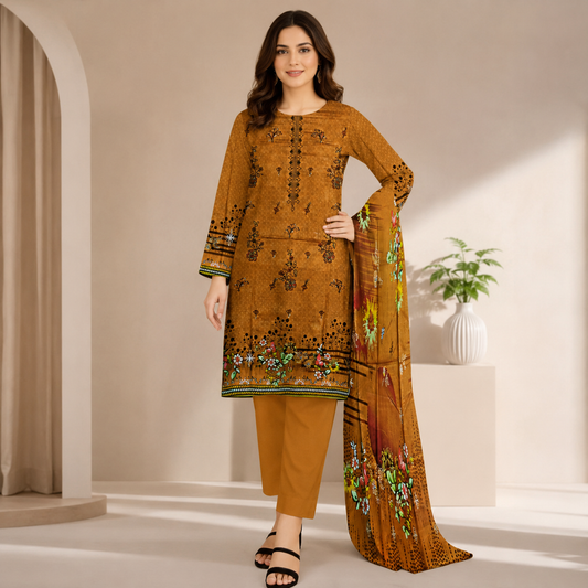 Mustard Brown Printed Unstitched 3-Piece Suit