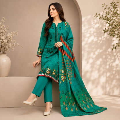 Teal Green Printed Unstitched 3-Piece Suit