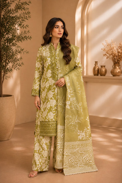 Embroidered Lawn-Cotton Floral Print 3-Piece Suit