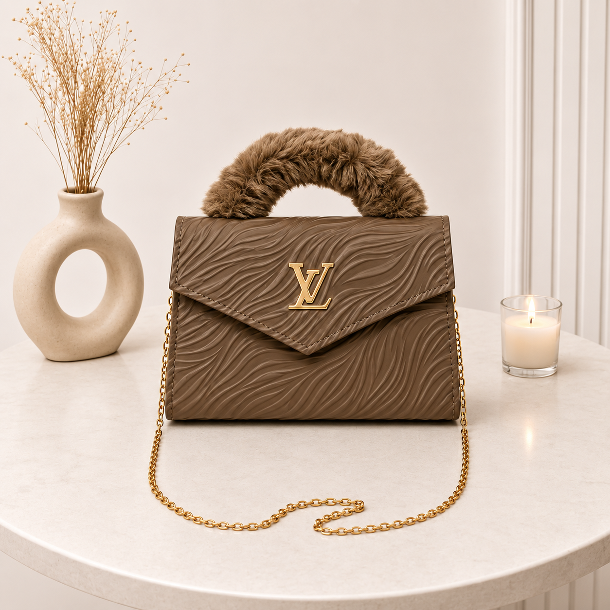 Luxury Textured Envelope Bag with Faux Fur Handle - Brown