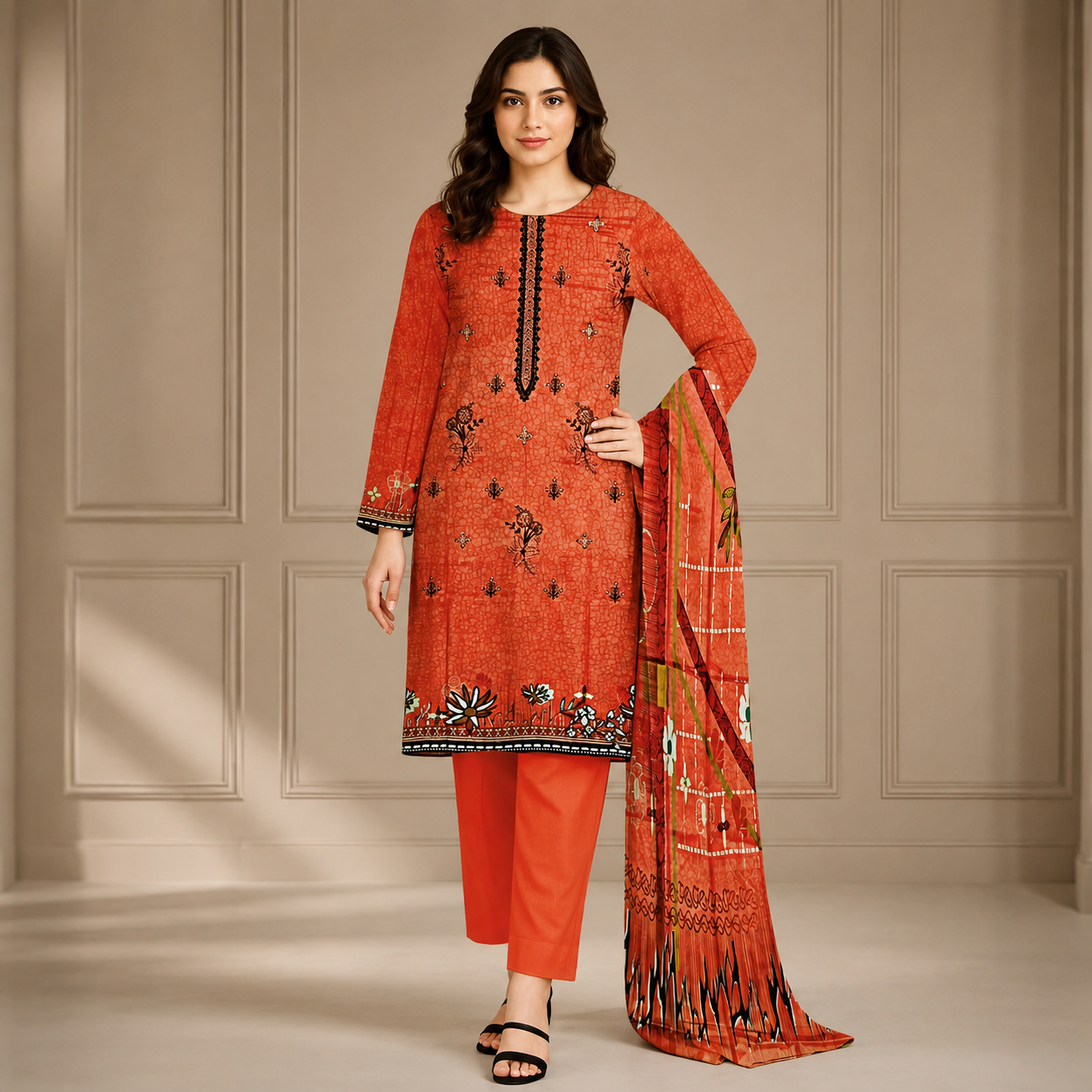 Rust Orange Printed Unstitched 3-Piece Suit