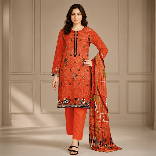 Rust Orange Printed Unstitched 3-Piece Suit
