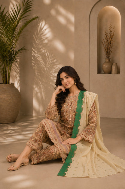 Embroidered Lawn-Cotton Floral Print 3-Piece Suit