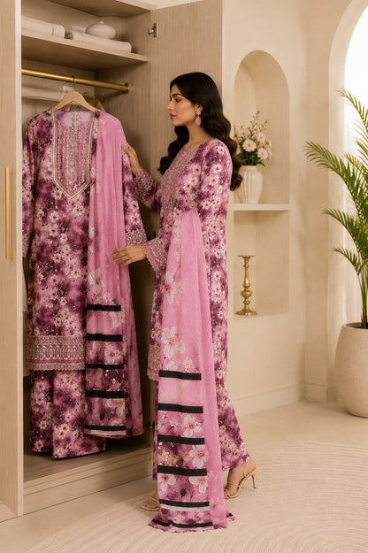 Embroidered Lawn-Cotton Floral Print 3-Piece Suit