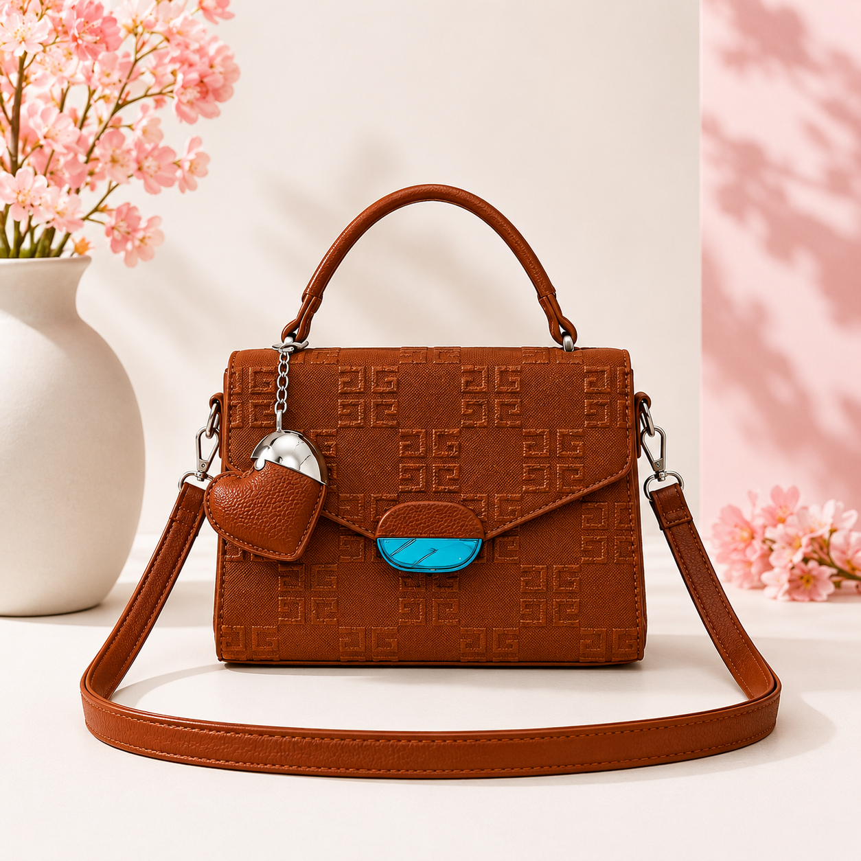 Elegant Monogram Structured Satchel with Heart Charm - Tan Brown