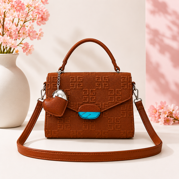 Elegant Monogram Structured Satchel with Heart Charm - Tan Brown