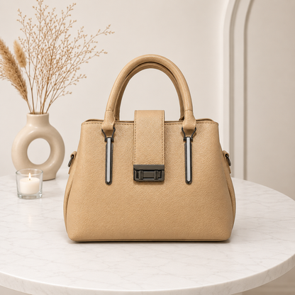 Elegant Structured Satchel with Metallic Clasp - Beige
