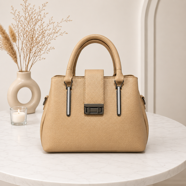 Elegant Structured Satchel with Metallic Clasp - Beige