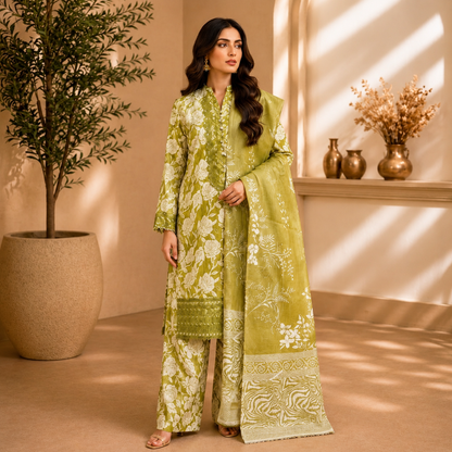 Embroidered Lawn-Cotton Floral Print 3-Piece Suit