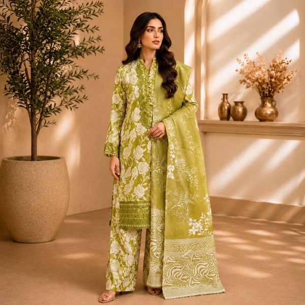 Embroidered Lawn-Cotton Floral Print 3-Piece Suit