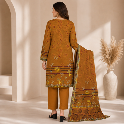 Mustard Brown Printed Unstitched 3-Piece Suit