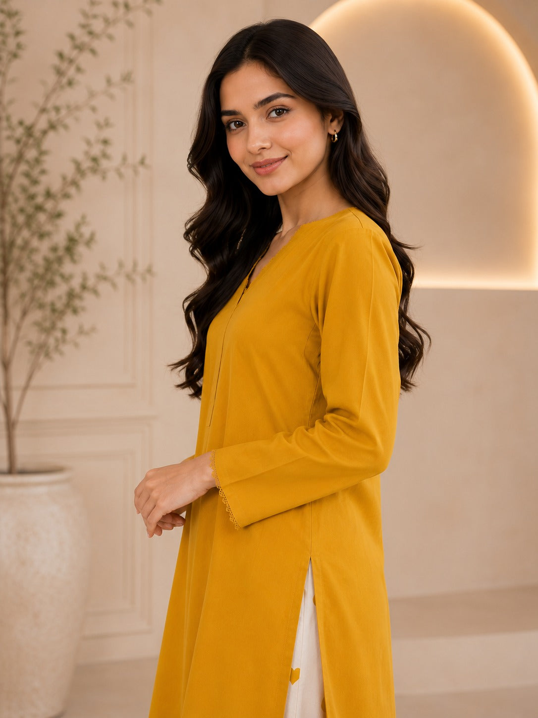 Embroidered Cotton Lawn Mustard Solid Shirt with Printed Trouser