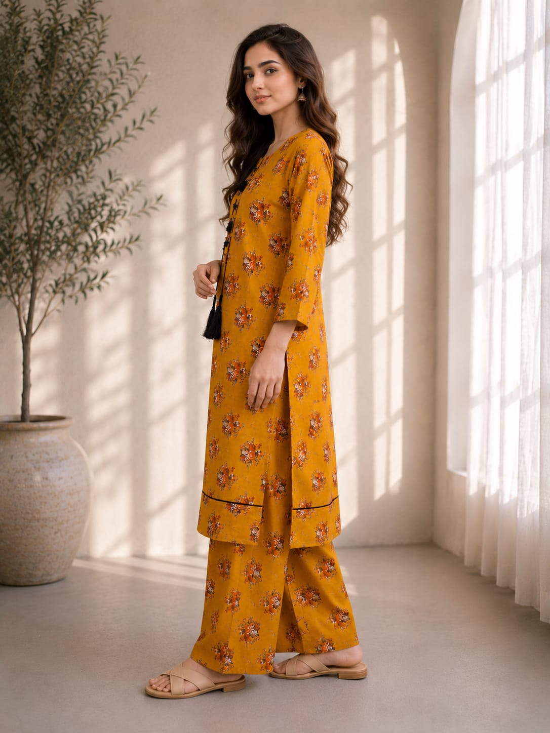 Embroidered Cotton Lawn Grey Polka Dot 2-Piece Suit
