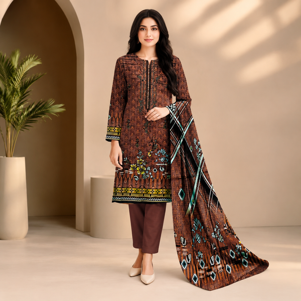 Brown Printed Unstitched 3-Piece Suit