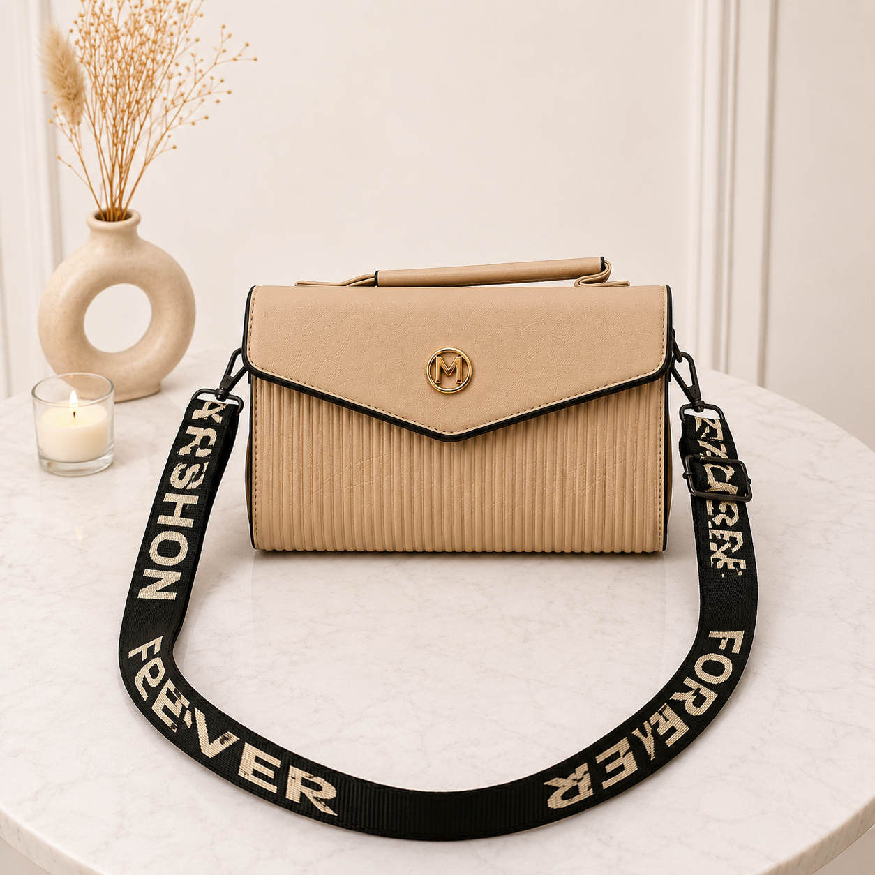 Elegant Structured Satchel with 'Fashion Forever' Strap - Beige