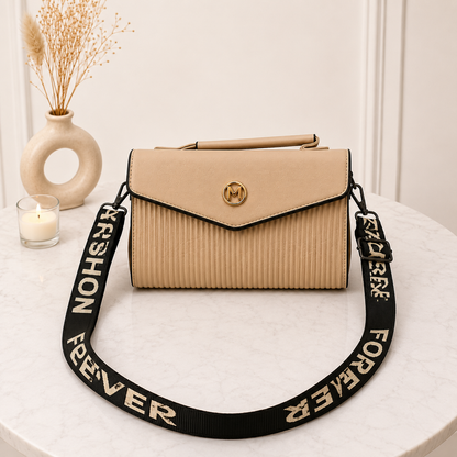 Elegant Structured Satchel with 'Fashion Forever' Strap - Beige