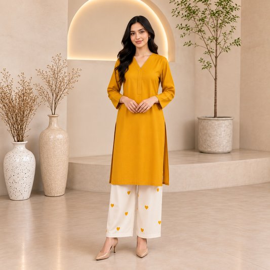 Embroidered Cotton Lawn Mustard Solid Shirt with Printed Trouser