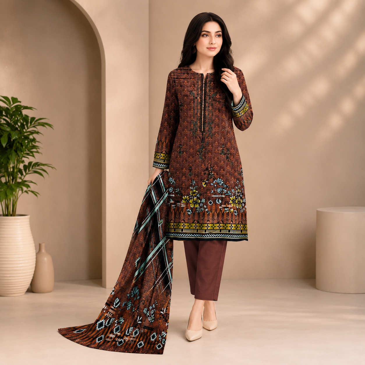 Brown Printed Unstitched 3-Piece Suit