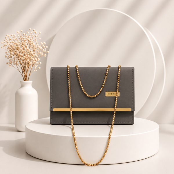 Elegant Matte Charcoal Clutch with Gold-Tone Chain
