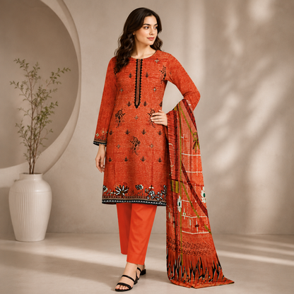 Rust Orange Printed Unstitched 3-Piece Suit