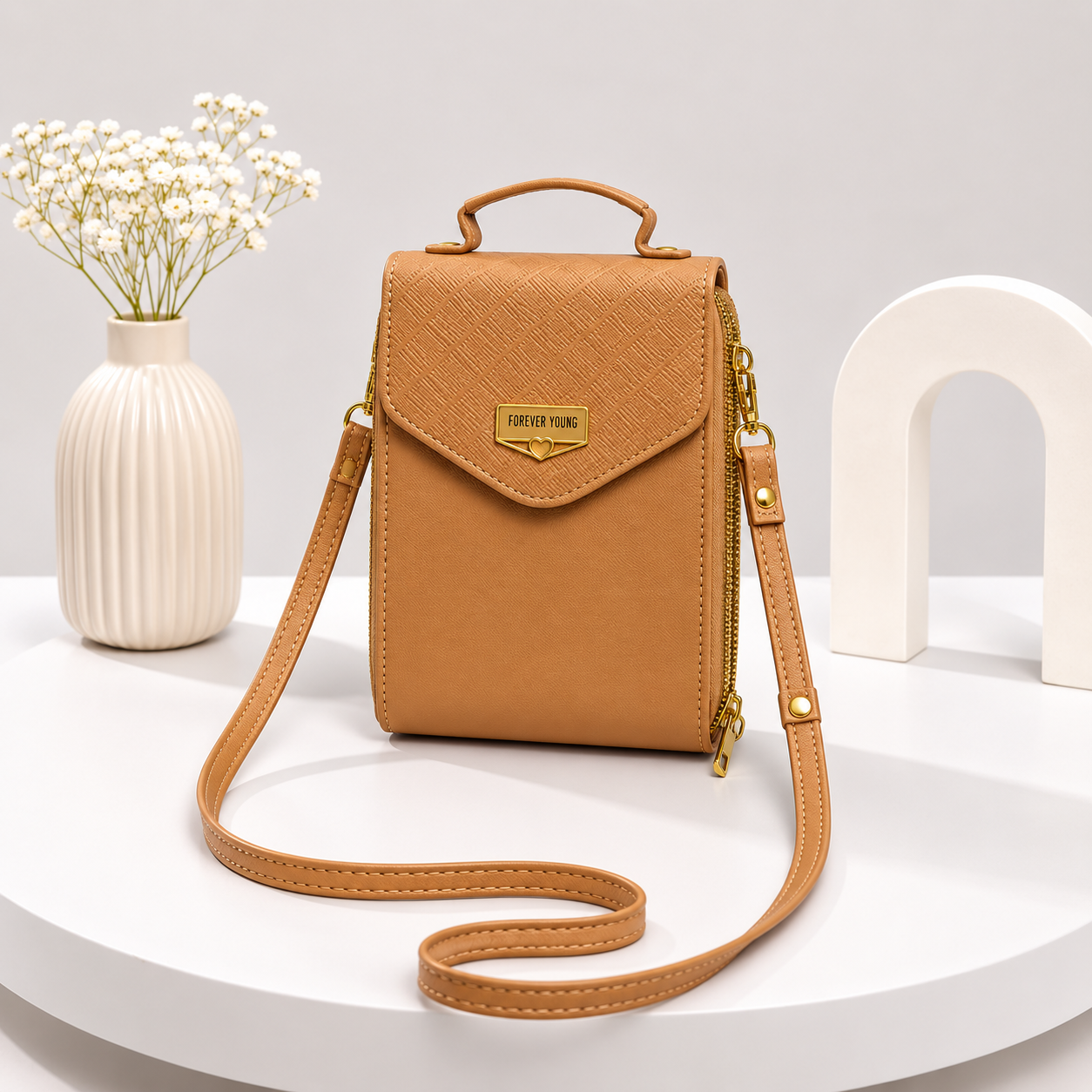 Elegant 'Forever Young' Multifunctional Crossbody Wallet - Tan Brown