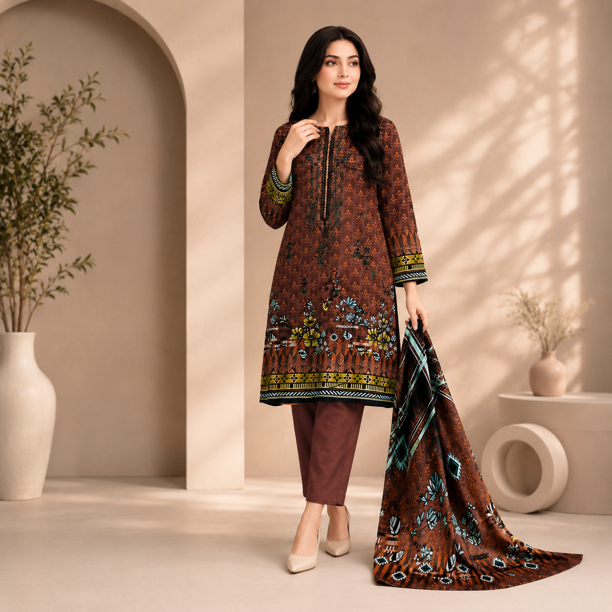 Brown Printed Unstitched 3-Piece Suit