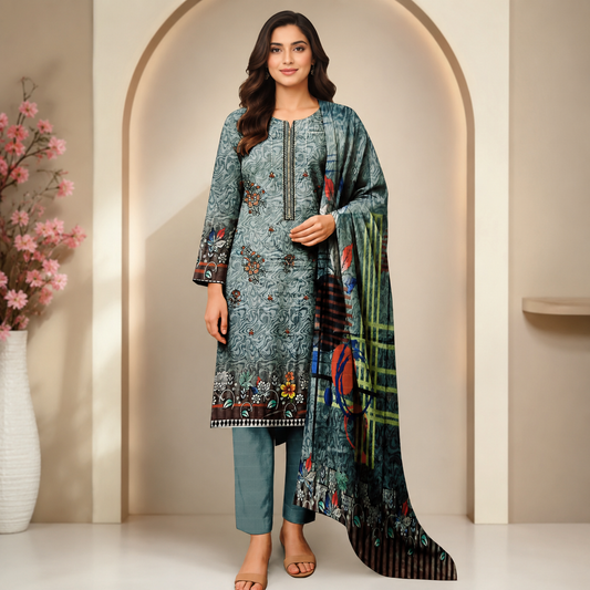 Slate Blue Printed Unstitched 3-Piece Suit