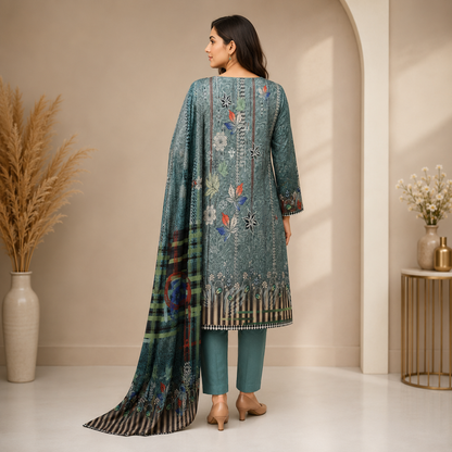 Slate Blue Printed Unstitched 3-Piece Suit