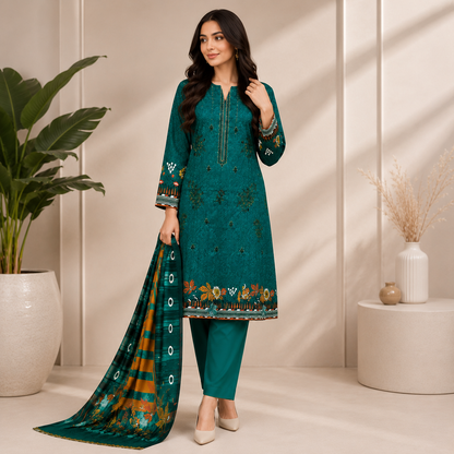 Dark Teal Printed Unstitched 3-Piece Suit