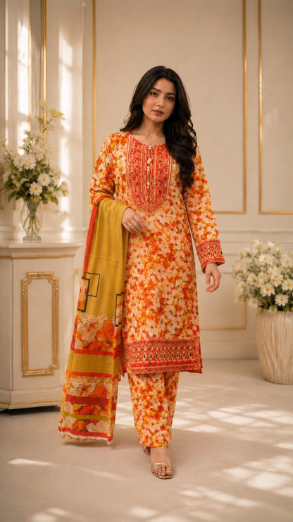 Embroidered Lawn-Cotton Floral Print 3-Piece Suit