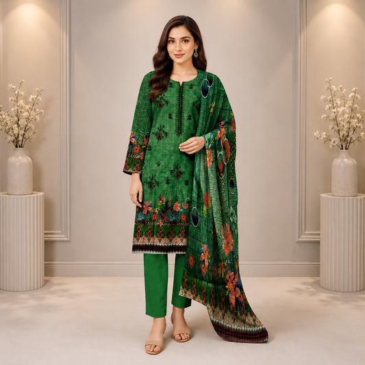 Emerald Green Printed Unstitched 3-Piece Suit
