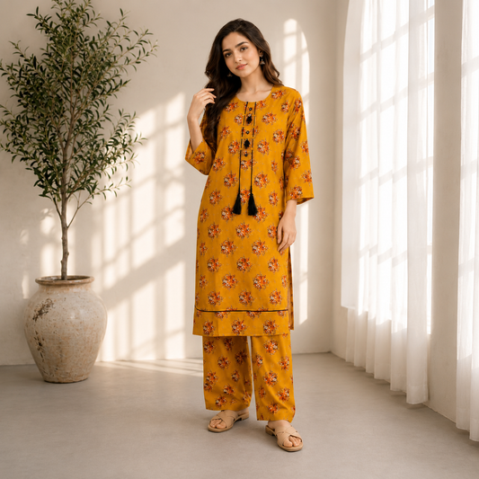 Embroidered Cotton Lawn Grey Polka Dot 2-Piece Suit