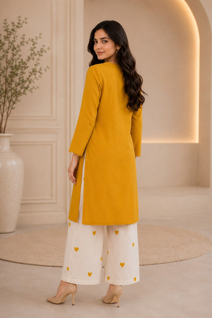 Embroidered Cotton Lawn Mustard Solid Shirt with Printed Trouser