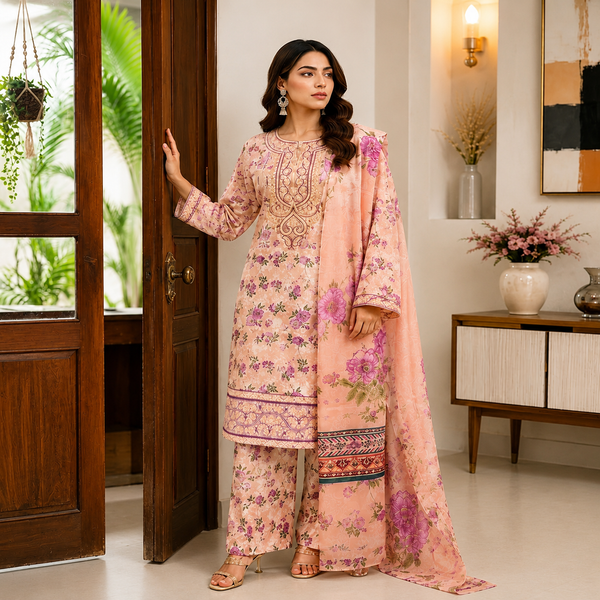 Embroidered Lawn-Cotton Floral Print 3-Piece Suit