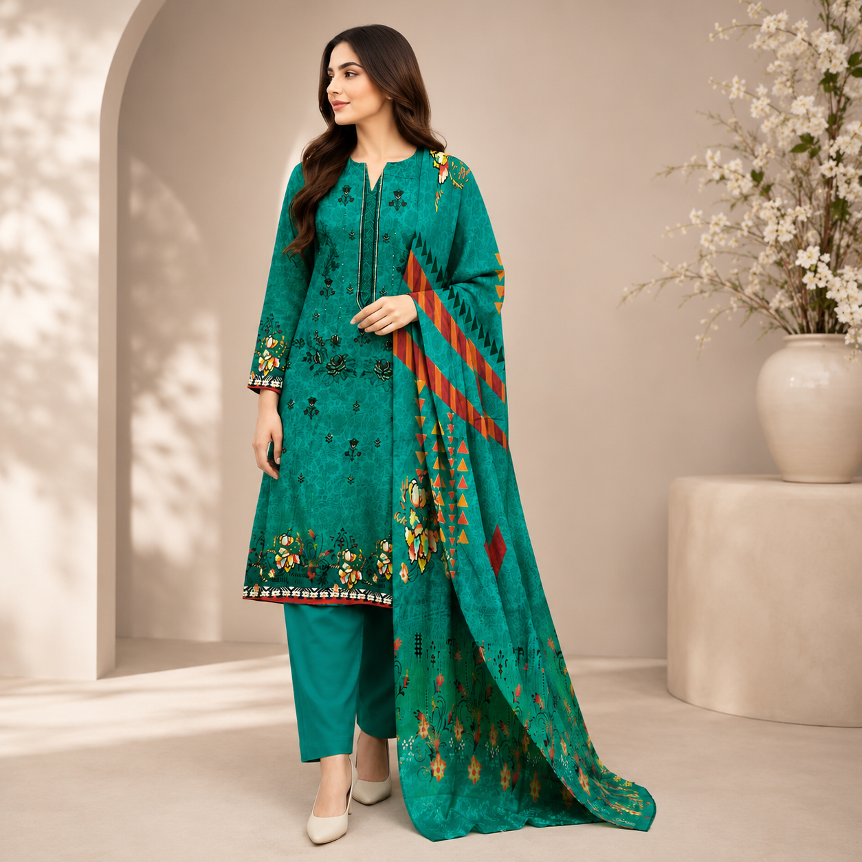 Teal Green Printed Unstitched 3-Piece Suit