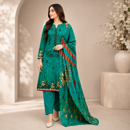 Teal Green Printed Unstitched 3-Piece Suit