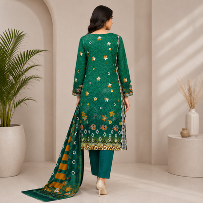 Dark Teal Printed Unstitched 3-Piece Suit