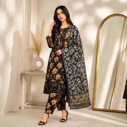 Embroidered Lawn-Cotton Floral Print 3-Piece Suit