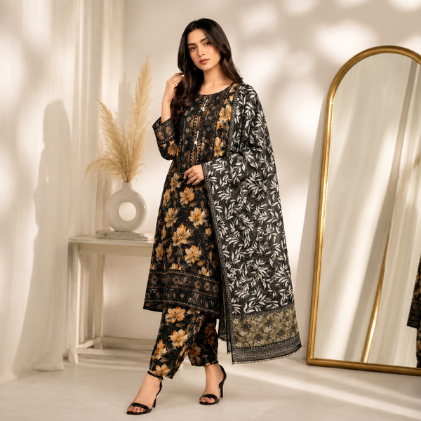 Embroidered Lawn-Cotton Floral Print 3-Piece Suit