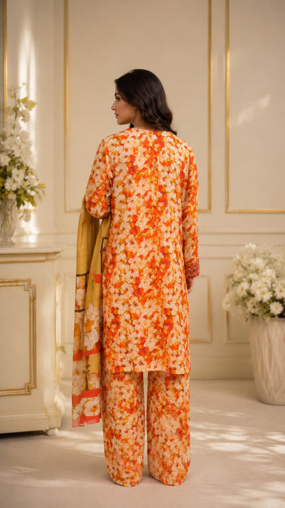 Embroidered Lawn-Cotton Floral Print 3-Piece Suit