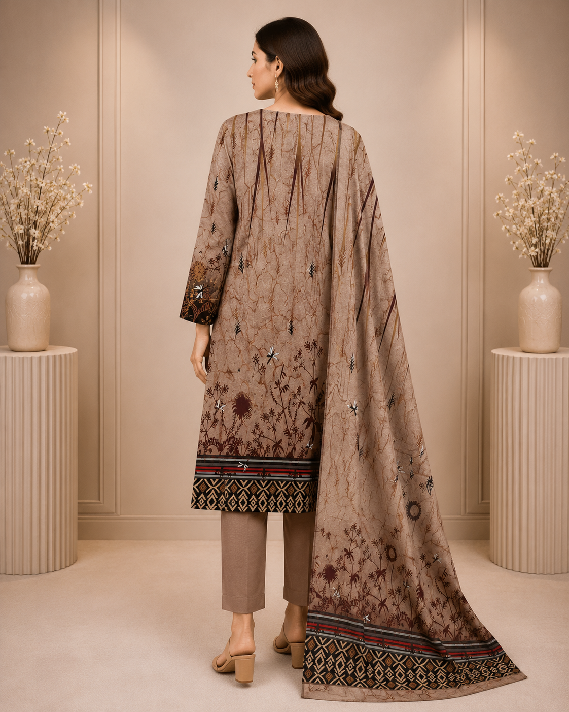 Taupe Brown Printed Unstitched 3-Piece Suit
