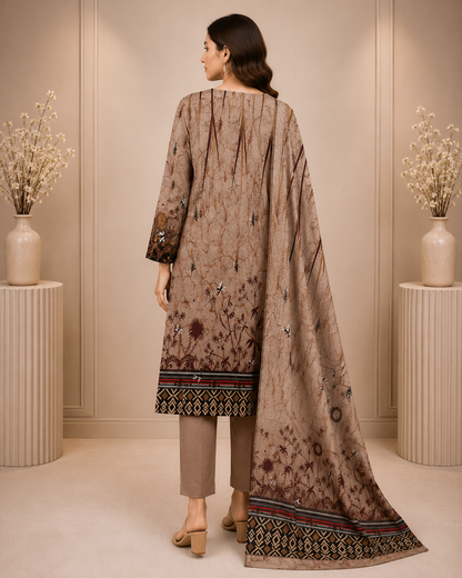 Taupe Brown Printed Unstitched 3-Piece Suit