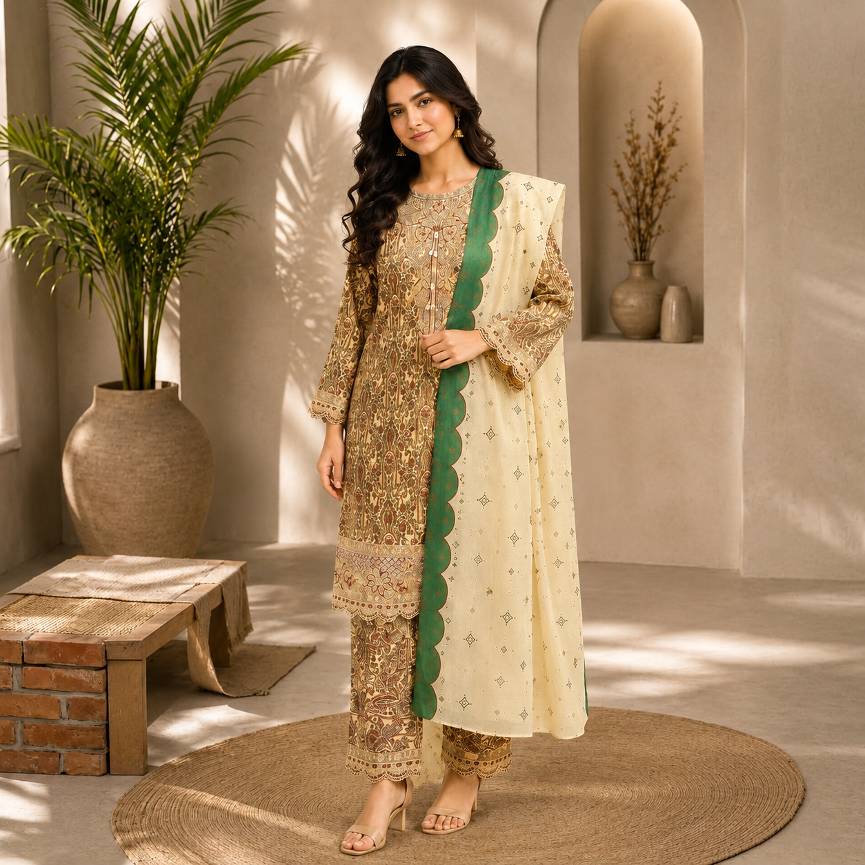 Embroidered Lawn-Cotton Floral Print 3-Piece Suit