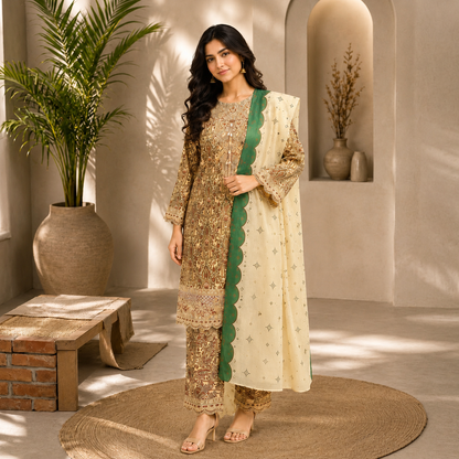 Embroidered Lawn-Cotton Floral Print 3-Piece Suit