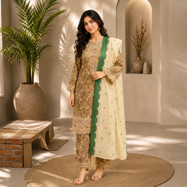 Embroidered Lawn-Cotton Floral Print 3-Piece Suit