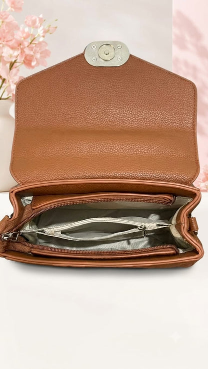 Elegant Monogram Structured Satchel with Heart Charm - Tan Brown
