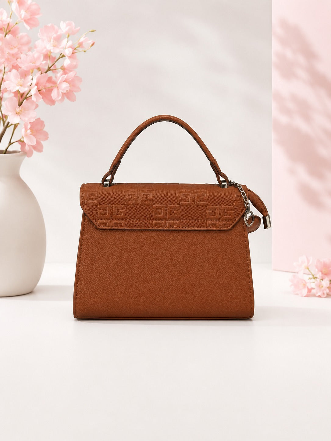Elegant Monogram Structured Satchel with Heart Charm - Tan Brown