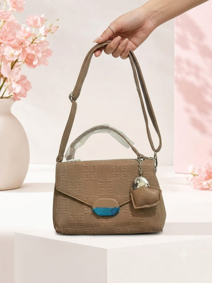 Elegant Textured Satchel with Heart Charm - Classic Brown