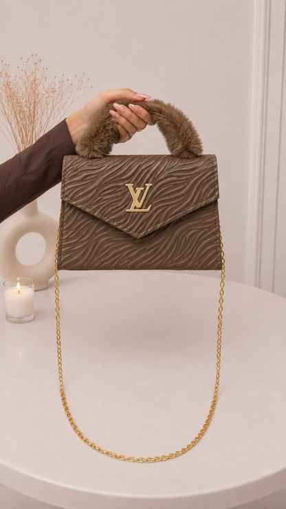 Luxury Textured Envelope Bag with Faux Fur Handle - Brown